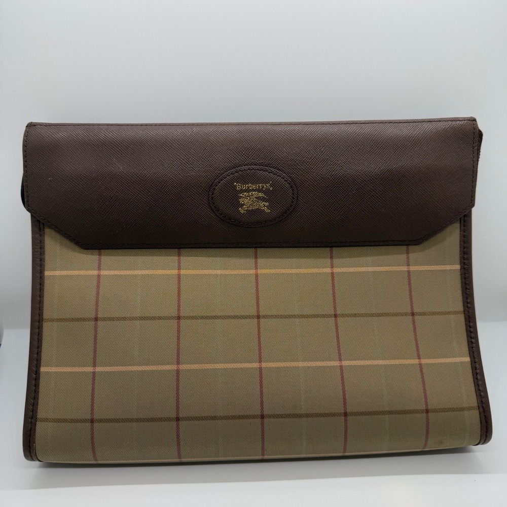 Burberry Authentic Vintage Canvas Nova Check Leather Trim Clutch